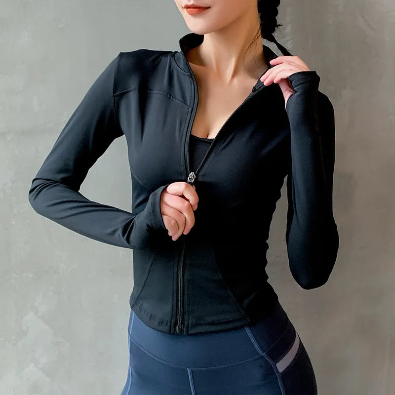 2024 Women Sport Jacket Zipper Yoga Coat Clothes Quick Dry Fitness Jacket Running Hoodies Thumb Hole Sportwear Gym Workout Top