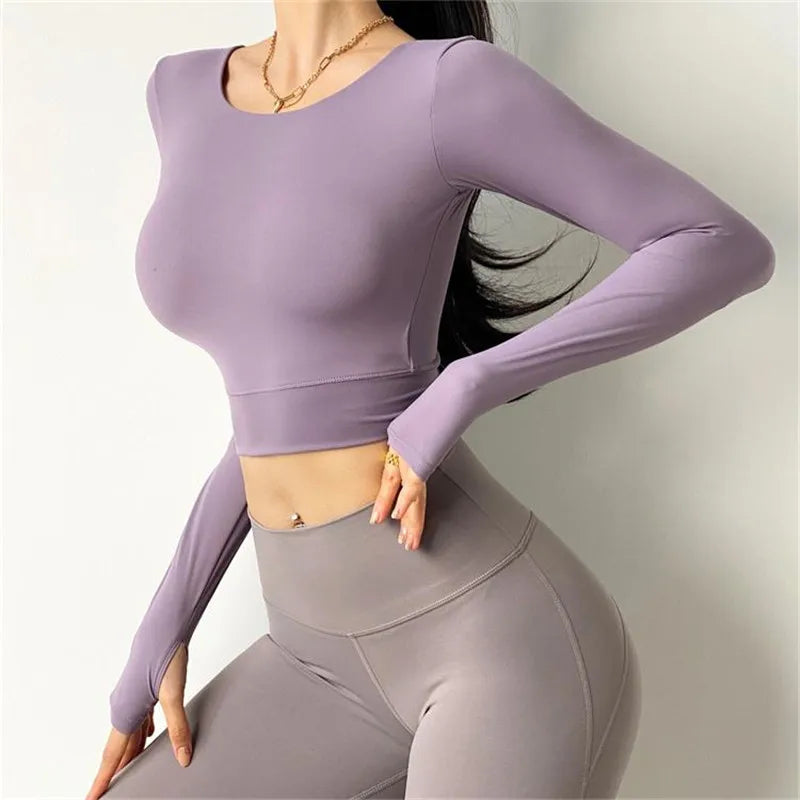 Inner Padded Sport T Shirt Women Sexy Back Long Sleeve Yoga Top Fitness Running Workout T-Shirt High Elastic Gym Clothes