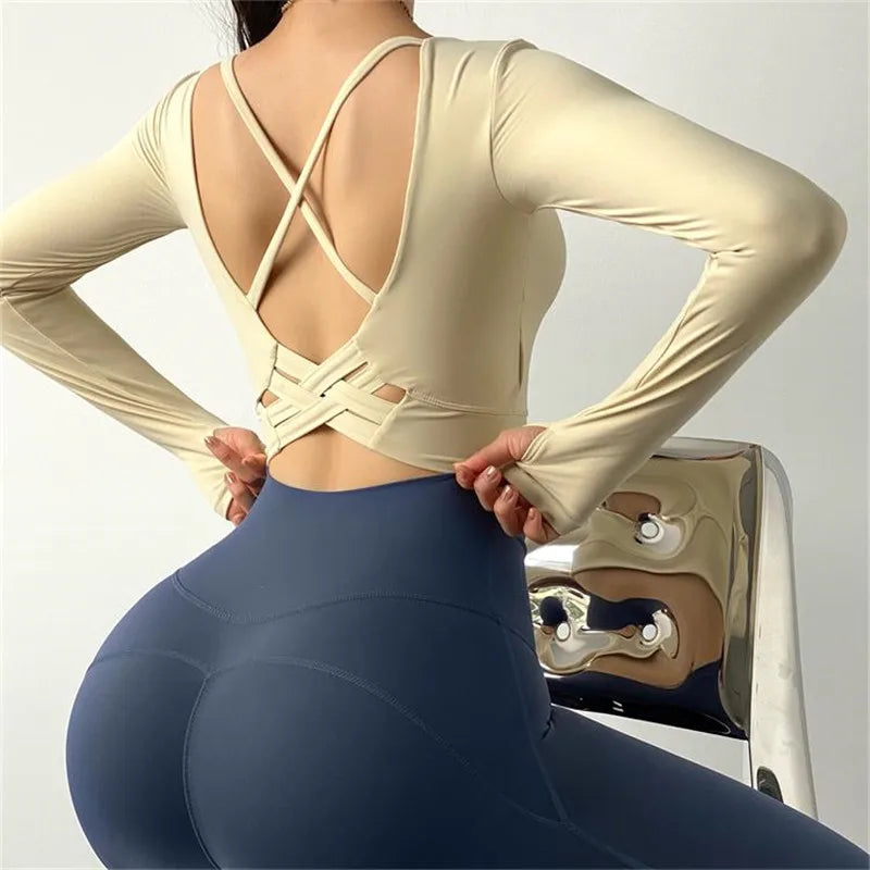 Inner Padded Sport T Shirt Women Sexy Back Long Sleeve Yoga Top Fitness Running Workout T-Shirt High Elastic Gym Clothes