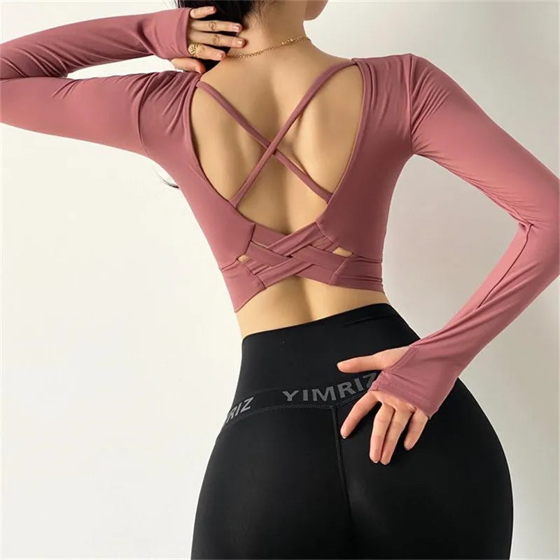 Inner Padded Sport T Shirt Women Sexy Back Long Sleeve Yoga Top Fitness Running Workout T-Shirt High Elastic Gym Clothes